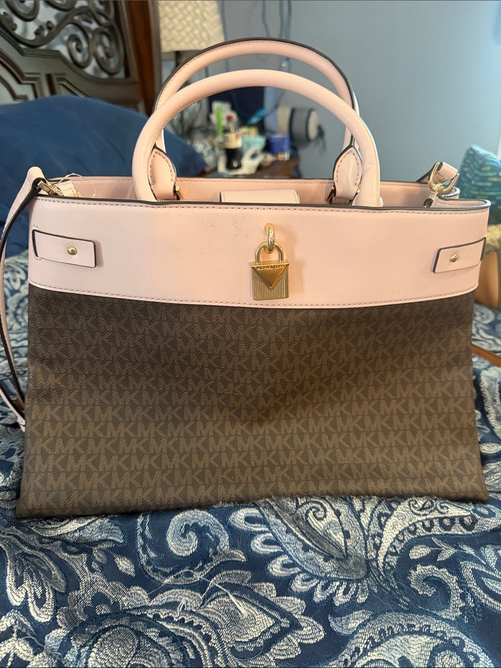 Michael Kors Pink & Brown Signature Satchel with Gold Lock